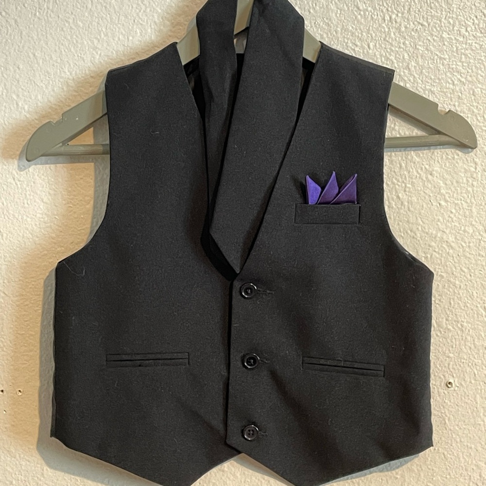 Boys’ Button Up Black Vest with Purple Pocket Square